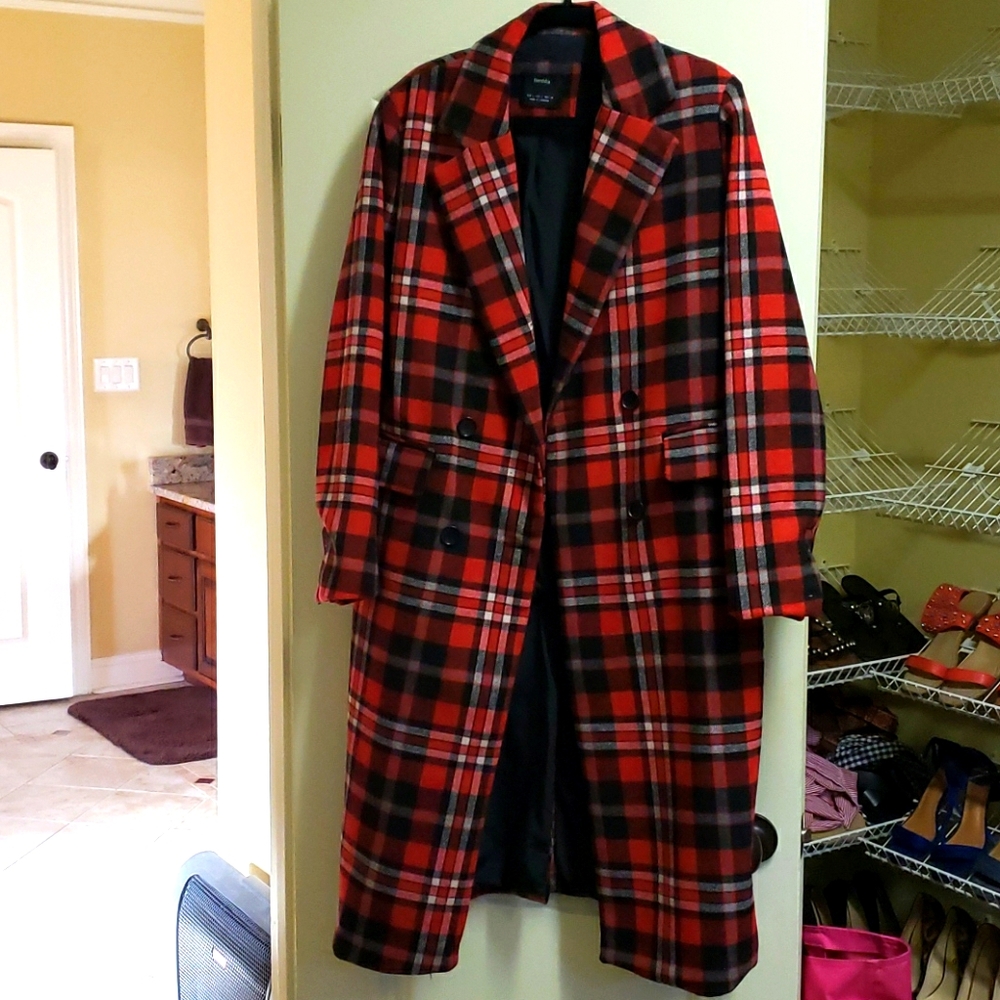 Long plaid double-breasted trench coat